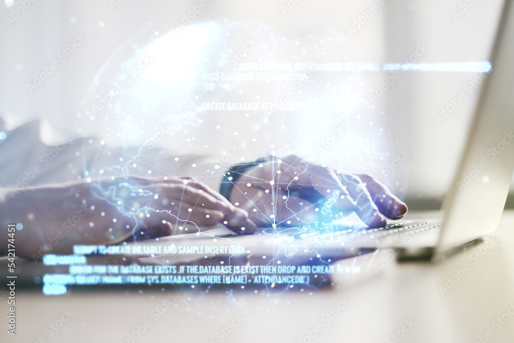 Aufkleber Abstract creative coding concept with world map and hands typing on laptop on background. Multiexposure