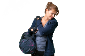 Middle-aged sport woman with sport bag over isolated background suffering from pain in shoulder for having made an effort