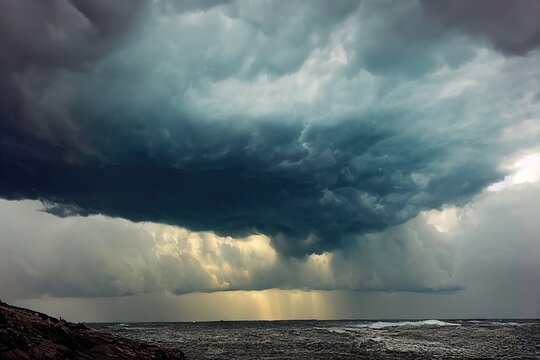 Storm sky with dark clouds above sea water. Scenic stormy nature beautiful background © altitudevisual