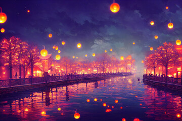Fototapeta premium city at night fantasy artwork Asian style.