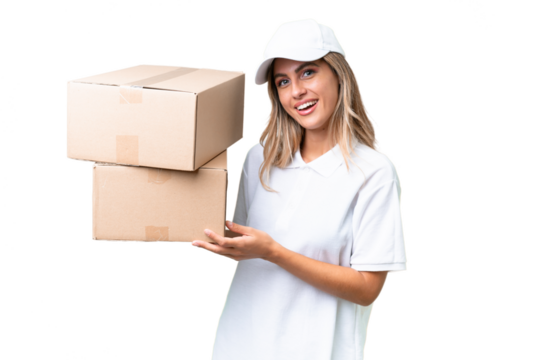 Delivery Uruguayan woman over isolated background extending hands to the side for inviting to come