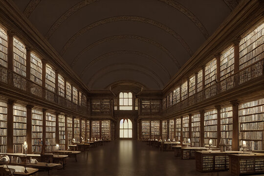 3d illustration of dark antique library with old shelving with shelves full of books