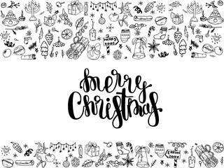 Merry christmas hand drawn lettering banner. Typography emblem. Text calligraphy inscription card design. Winter holiday poster template.