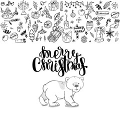 Merry christmas hand drawn lettering banner. Typography emblem. Text calligraphy inscription card design. Winter holiday poster template. Wishing handwritten postcard. Isolated vector illustration