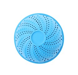 Light blue dryer ball for washing machine isolated on white, top view. Laundry detergent substitute
