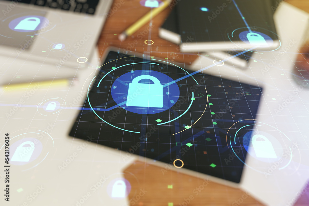 Poster double exposure of creative lock hologram with chip and digital tablet on background, top view. info