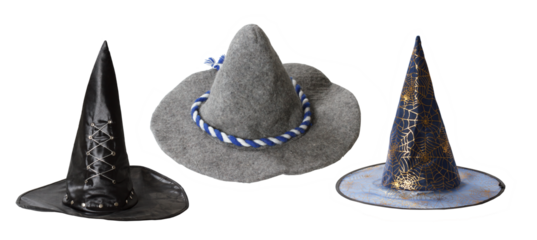 Set of witch hats isolated on transparent background