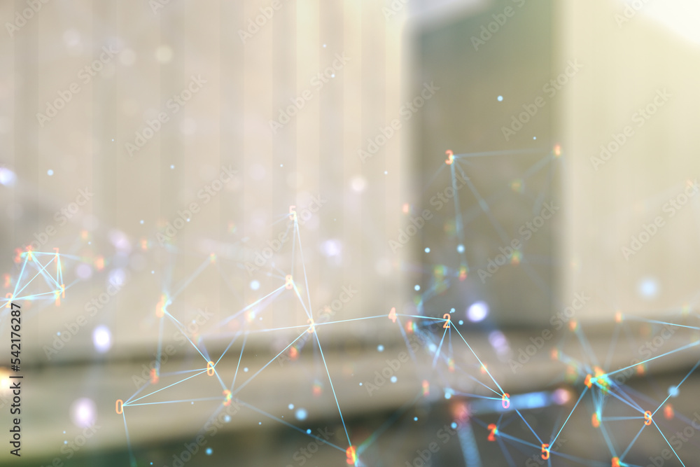 Poster Abstract virtual wireless technology hologram on blurry modern office building background. Big data and database concept. Multiexposure