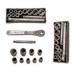 Old wrenches and ratchet  isolated on transparent background.