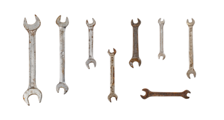 Old wrenches and ratchet  isolated on transparent background.