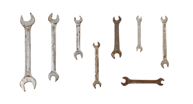 Old wrenches and ratchet  isolated on transparent background.