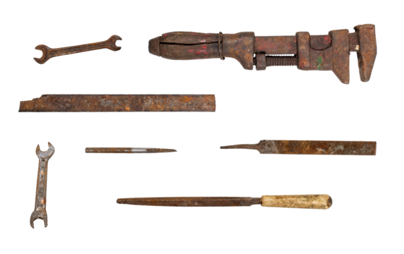 Collection of used tools isolated on transparent background