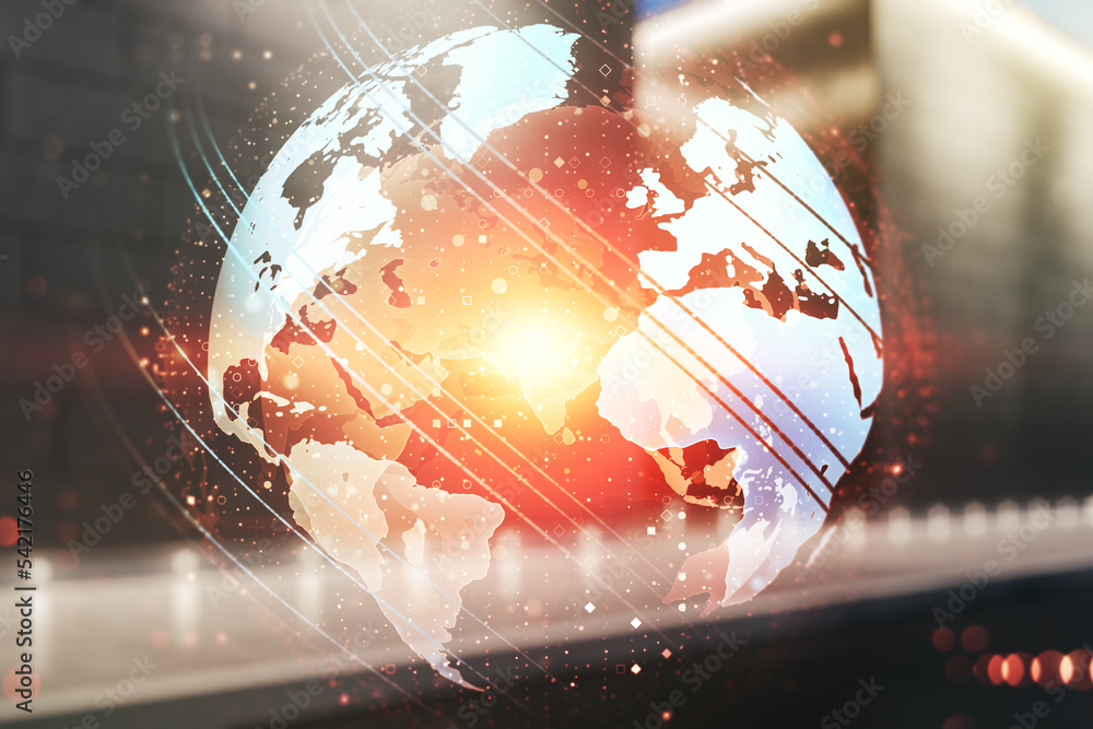 Poster double exposure of abstract digital world map hologram on contemporary business center exterior back