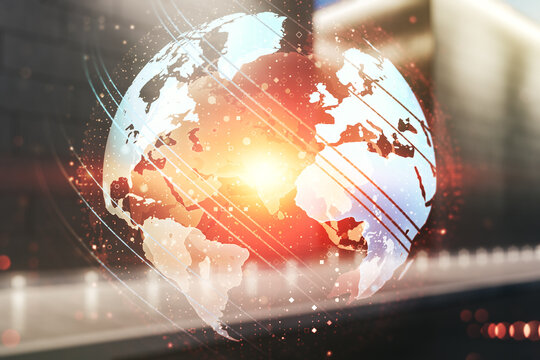 Double exposure of abstract digital world map hologram on contemporary business center exterior background, big data and blockchain concept