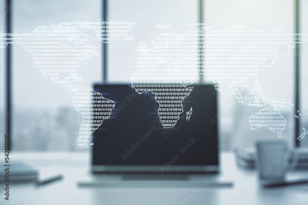Aufkleber double exposure of abstract digital world map on computer background, big data and blockchain concep
