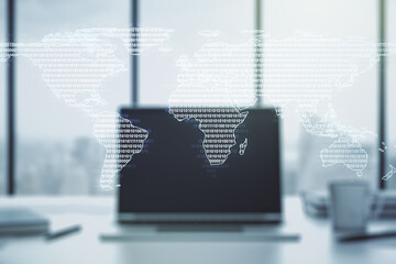 Double exposure of abstract digital world map on computer background, big data and blockchain concept