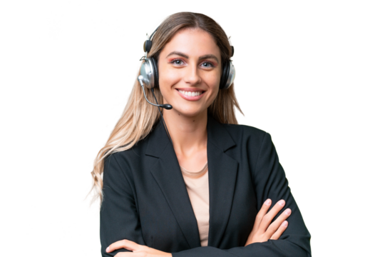 Telemarketer pretty Uruguayan woman working with a headset over isolated background keeping the arms crossed in frontal position