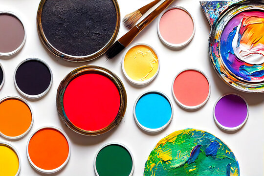 Various bright paints on white background. Palette with paints and brushers