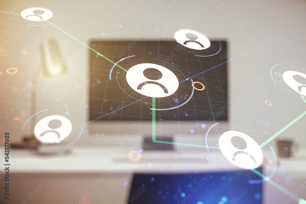 Aufkleber Double exposure of social network icons concept with computer on background. Networking concept
