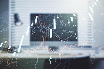 Double exposure of abstract creative financial diagram with world map on computer background, banking and accounting concept