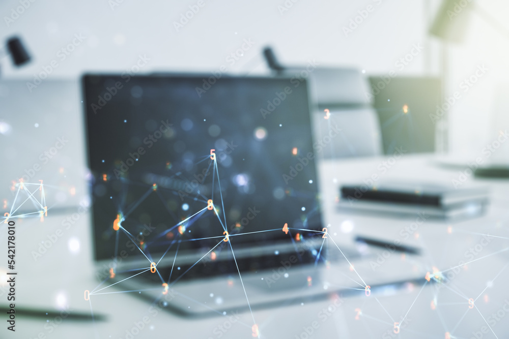 Aufkleber Creative abstract wireless technology hologram on modern computer background, artificial intelligence and machine learning concept. Multi exposure