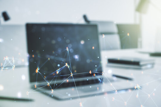 Creative abstract wireless technology hologram on modern computer background, artificial intelligence and machine learning concept. Multi exposure - Powered by Adobe