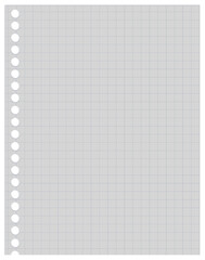 Sheet of paper with square grid. Gray exercise book with round holes from the springs. Empty vertical notebook page in a cage. Vector realistic Mockup. EPS10.