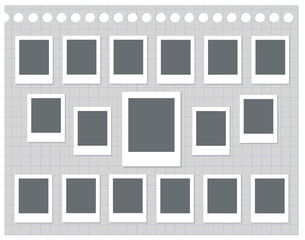 Set of black photo frames on sheet of notebook paper in a cage with round holes. Vector realistic mockup. 17 photo cards with white border. Blank Template for collages and design. EPS10.