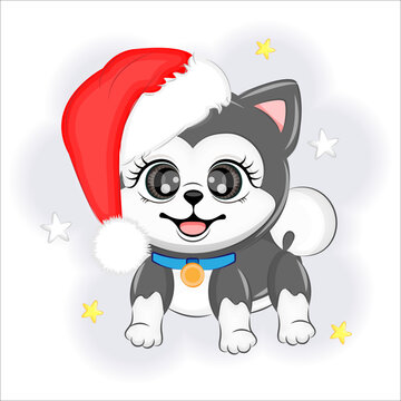 Cute dog Alaskan Malamute in a Santa hat Christmas or New Year vector illustration