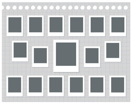 Set of black photo frames on sheet of notebook paper in a cage with round holes. Vector realistic mockup. 17 photo cards with white border. Blank Template for collages and design. EPS10.