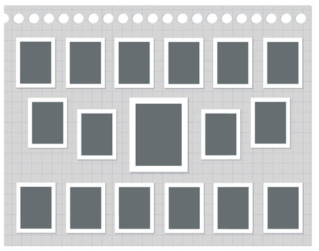 Set of black photo frames on sheet of notebook paper in a cage with round holes. Vector realistic mockup. 17 photo cards with white border. Blank Template for collages and design. EPS10.