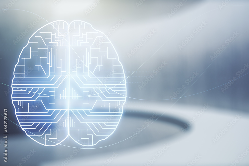 Aufkleber double exposure of creative human brain microcircuit hologram on empty room interior background. fut