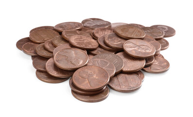 Pile of American coins on white background