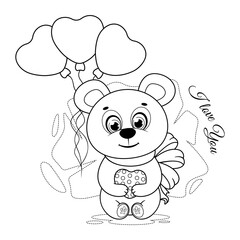 Coloring page. Cute cartoon teddy bear with a heart and balloons