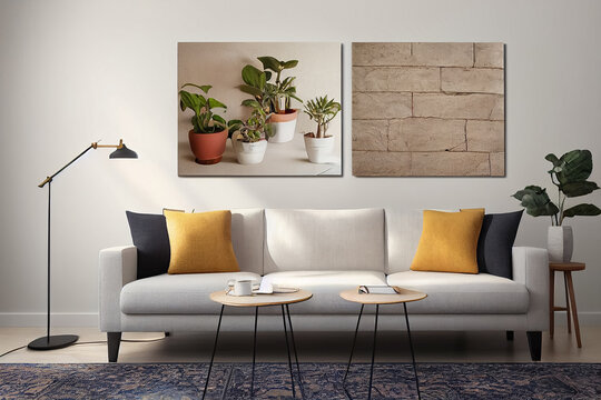 3d illustration of stylish gray and white interior sofa and picture framed on the wall