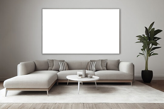 3d illustration of stylish gray and white interior sofa and picture framed on the wall