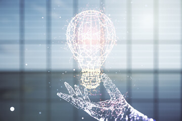 Virtual Idea concept with light bulb illustration on empty corporate office background. Multiexposure