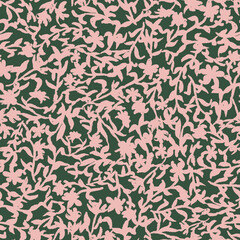 Abstract botanical all over surface print on dark green background. Random placed, hand drawn, vector branches, leaves and florals seamless repeat pattern.