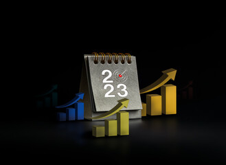 Happy new year 2023 background. 2023 numbers year with target icon on black small desk calendar with 3d growth graph icon isolated on dark background, minimalist. Plan to success. and goals