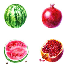Watercolor illustration, set. Watermelon, half watermelon, pomegranate. Half a pomegranate.