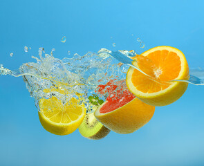 Fototapeta na wymiar Fruits mix splashing into clear water on blue background