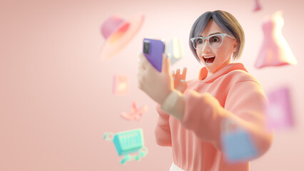 little girl having fun Excited to shop online. cartoon character, 3d rendering.