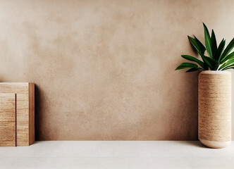 The dirt wall with podium and potted plant