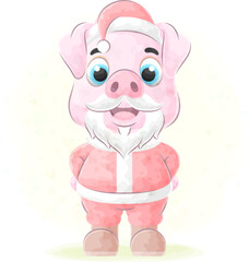 Pig in santa clothes with watercolor illustration