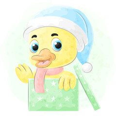 Cute doodle Duck with watercolor illustration