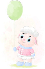 Cute little Sheep with watercolor illustration