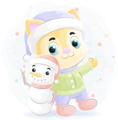 Cute little Cat and Snow man with watercolor illustration