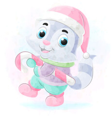 Cute little Raccoon with watercolor illustration