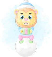 Cute little Lion with watercolor illustration