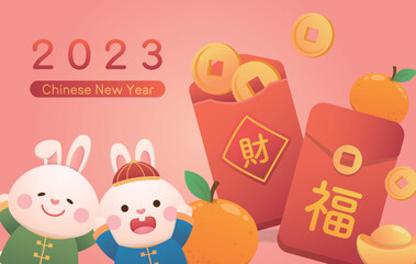 Poster for Chinese New Year, cute rabbit character or mascot, red paper bag with a lot of money, Chinese translation: money and blessings